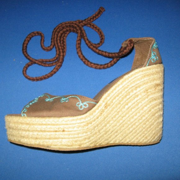 Colin Stuart Lace Up Espadrille Platform Wedges Size 8 Brown Turquoise Boho - Picture 2 of 7